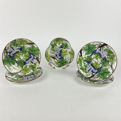 Sale Photo Thumbnail #1879: handled leaf dish, 5 plates measuring 8.25" diameter, and one handled bowl 
all very good condition