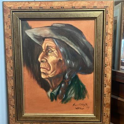 Vintage 1979 Oil Portrait of Native American Elder by Bev Ellington - Framed 21.5" x 17.5" Origin
