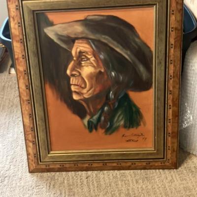 Vintage 1979 Oil Portrait of Native American Elder by Bev Ellington - Framed 21.5" x 17.5" Origin