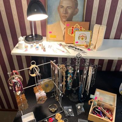 Sale Photo Thumbnail #2: Earrings, Necklaces, thimbles, watches, bracelets & more.

Lights and shelves not included.