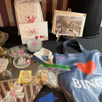 Sale Photo Thumbnail #9: Perfume Bottle & perfume, stamps, glass ornaments, monet hat box, and more.
