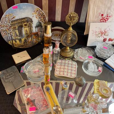 Sale Photo Thumbnail #8: Perfume Bottle & perfume, stamps, glass ornaments, monet hat box, and more.
