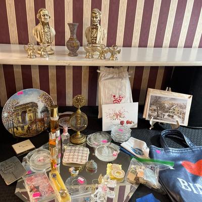 Sale Photo Thumbnail #6: Perfume Bottle & perfume, stamps, glass ornaments, monet hat box, and more.