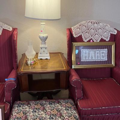 Sale Photo Thumbnail #20: Arm Chairs, End table, lamp, pictures and foot stool.