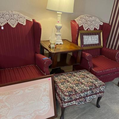 Sale Photo Thumbnail #19: Arm Chairs, End table, lamp, pictures and foot stool.