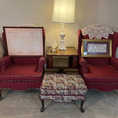Sale Photo Thumbnail #18: Arm Chairs, End table, lamp, pictures and foot stool.
