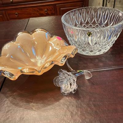 Sale Photo Thumbnail #36: Murano Bowl, Waterford bowl, Waterford rose is broke on stem, Salt and Pepper shakers.