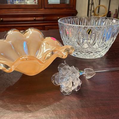 Sale Photo Thumbnail #37: Murano Bowl, Waterford bowl, Waterford rose is broke on stem, Salt and Pepper shakers.