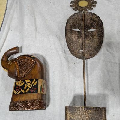 Hand Carved Elephant and Brass African Tribal Mask