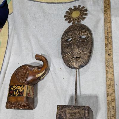 Hand Carved Elephant and Brass African Tribal Mask