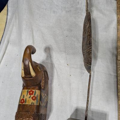 Hand Carved Elephant and Brass African Tribal Mask