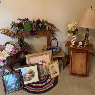 Sale Photo Thumbnail #64: Lamp, small tables stool, flowers , and pictures.