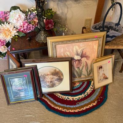 Sale Photo Thumbnail #66: Lamp, small tables stool, flowers , and pictures.