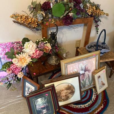 Sale Photo Thumbnail #67: Lamp, small tables stool, flowers , and pictures.