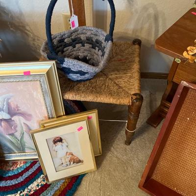 Sale Photo Thumbnail #68: Lamp, small tables stool, flowers , and pictures.