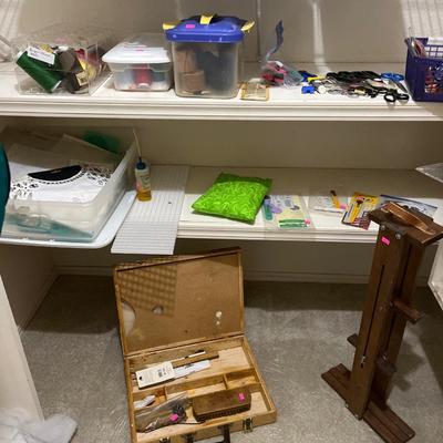 Sale Photo Thumbnail #77: Quilt Frame, thread, material, bags, and more.