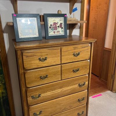Sale Photo Thumbnail #78: Chest of Drawers and pictures and Wood shelves.