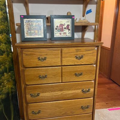 Sale Photo Thumbnail #80: Chest of Drawers and pictures and Wood shelves.