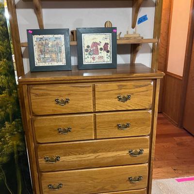 Sale Photo Thumbnail #79: Chest of Drawers and pictures and Wood shelves.