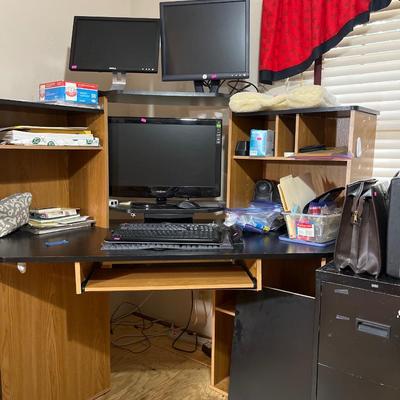 Sale Photo Thumbnail #81: Desk, Tv, Monitors, file cabinet, and office supplies.