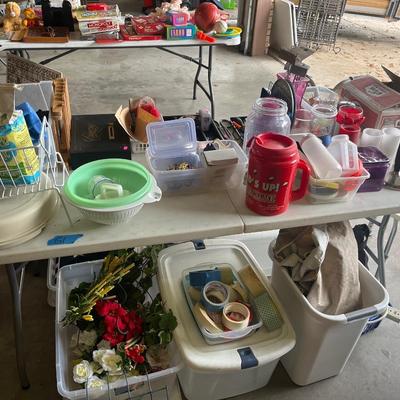 Sale Photo Thumbnail #114: Tools, candles, medical items, totes, trash can, & miscellaneous items
Table does not sale.