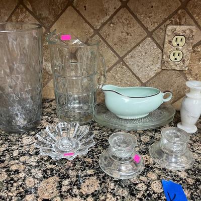 Sale Photo Thumbnail #137: Vintage Glassware 
Bowls, Candlesticks, Pitcher, and more.