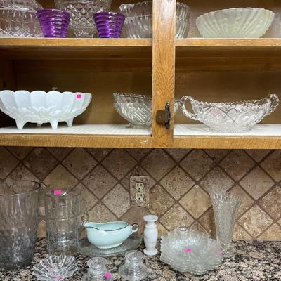 Sale Photo Thumbnail #136: Vintage Glassware 
Bowls, Candlesticks, Pitcher, and more.