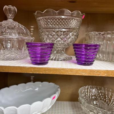 Sale Photo Thumbnail #138: Vintage Glassware 
Bowls, Candlesticks, Pitcher, and more.