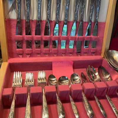 Sale Photo Thumbnail #176: Vintage 44 piece J Gorman silverware in box.
Misc Pieces in silverware box.