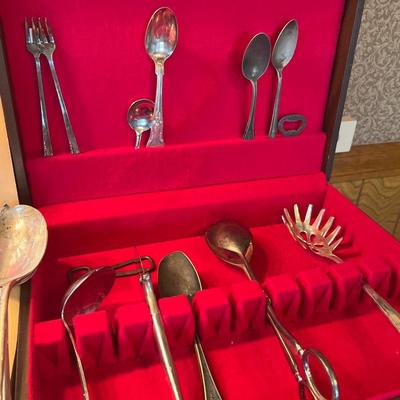 Sale Photo Thumbnail #177: Vintage 44 piece J Gorman silverware in box.
Misc Pieces in silverware box.