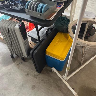 Sale Photo Thumbnail #173: Misc. items, ice chest, radiant heater, ironing board, roaster, rugs, clothes rack