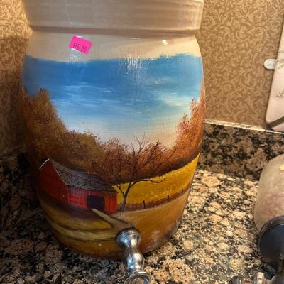 Sale Photo Thumbnail #180: Vintage Coffee Grinder and Crock Dispenser with scenery.