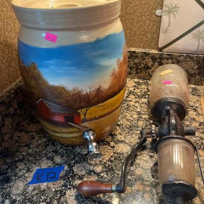 Sale Photo Thumbnail #178: Vintage Coffee Grinder and Crock Dispenser with scenery.