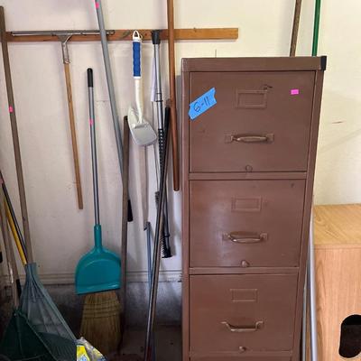 Sale Photo Thumbnail #229: File cabinet, Garden tools, Brooms, buckets, and more.