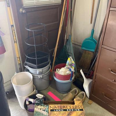 Sale Photo Thumbnail #228: File cabinet, Garden tools, Brooms, buckets, and more.