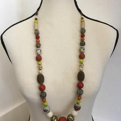 Vintage chunky ceramic, glass faux, coral stone bead statement, necklace