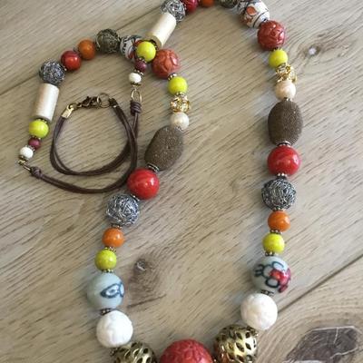 Vintage chunky ceramic, glass faux, coral stone bead statement, necklace