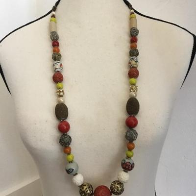 Vintage chunky ceramic, glass faux, coral stone bead statement, necklace