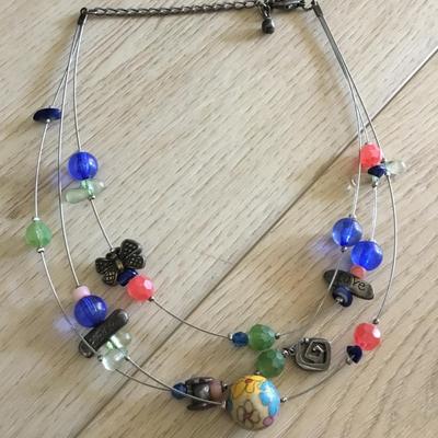 Vintage Multi strand, wire, bead, Silver-tone statement, necklace