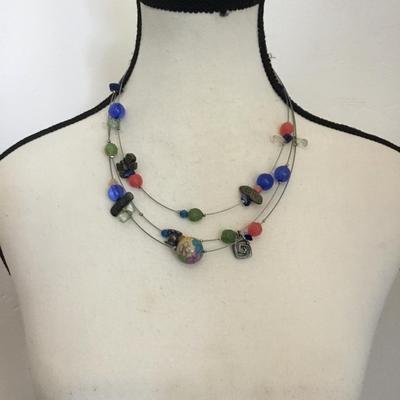 Vintage Multi strand, wire, bead, Silver-tone statement, necklace