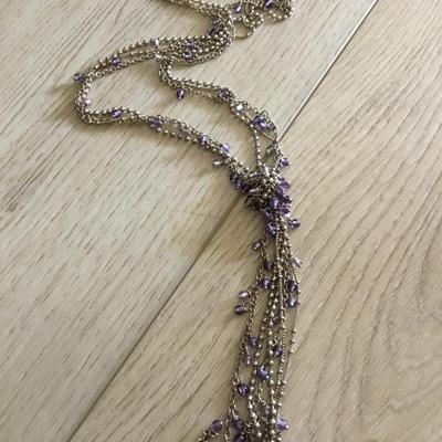 Silver tone, purple glass, bead statement, necklace