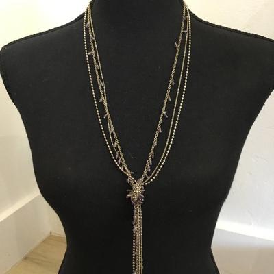 Silver tone, purple glass, bead statement, necklace