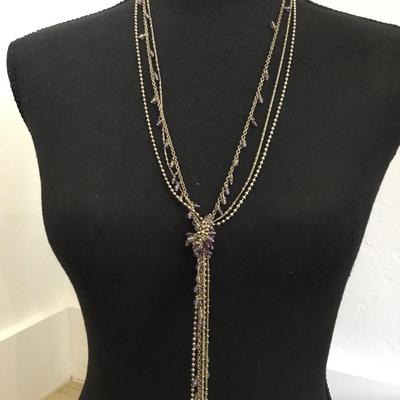Silver tone, purple glass, bead statement, necklace