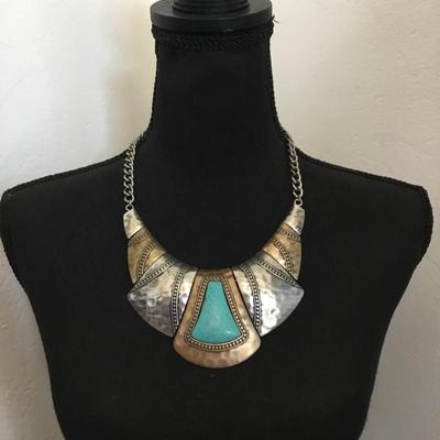Beautiful very nice silver satin, gold tone, photo turquoise, howlight stone statement necklace
