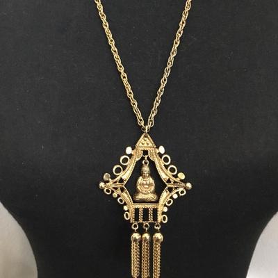 18 K gold plated large ART signed Buddha charm and tassel extra long dangle, pendant, chain statement necklace