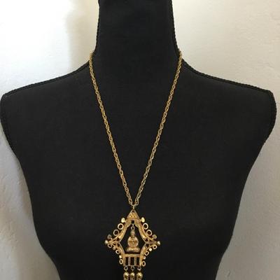 18 K gold plated large ART signed Buddha charm and tassel extra long dangle, pendant, chain statement necklace