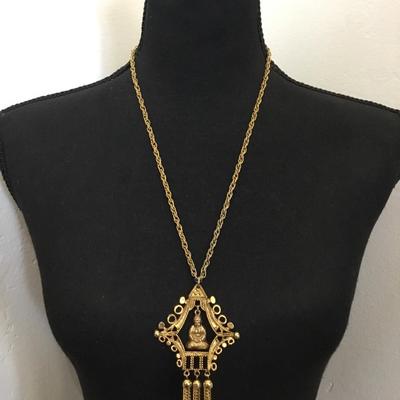 18 K gold plated large ART signed Buddha charm and tassel extra long dangle, pendant, chain statement necklace