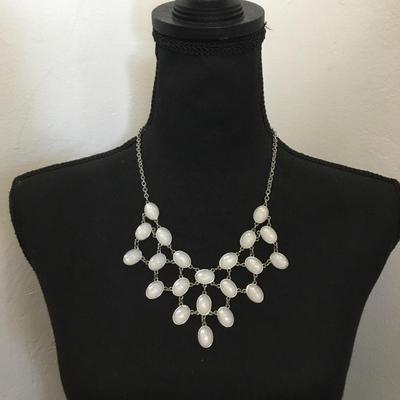 Beautiful Silvertone, milky, white rhinestone statement, necklace