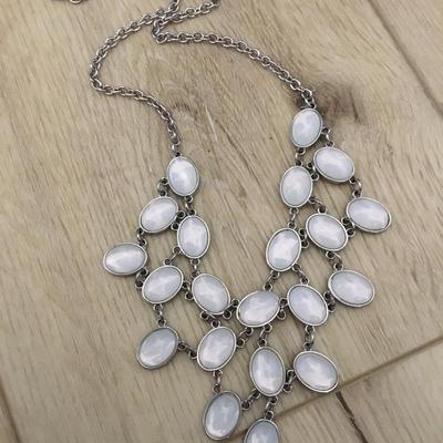 Beautiful Silvertone, milky, white rhinestone statement, necklace