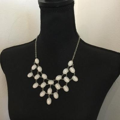 Beautiful Silvertone, milky, white rhinestone statement, necklace